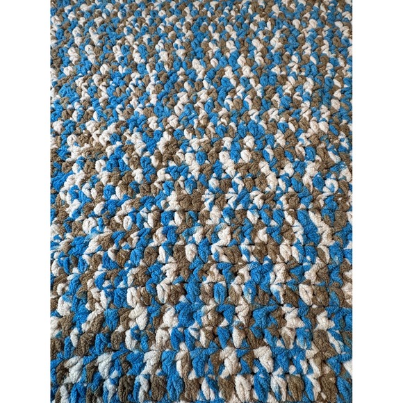 Handmade Crochet Baby Blanket Blue White Brown Soft Cozy Warm Toddler Throw - Picture 2 of 5